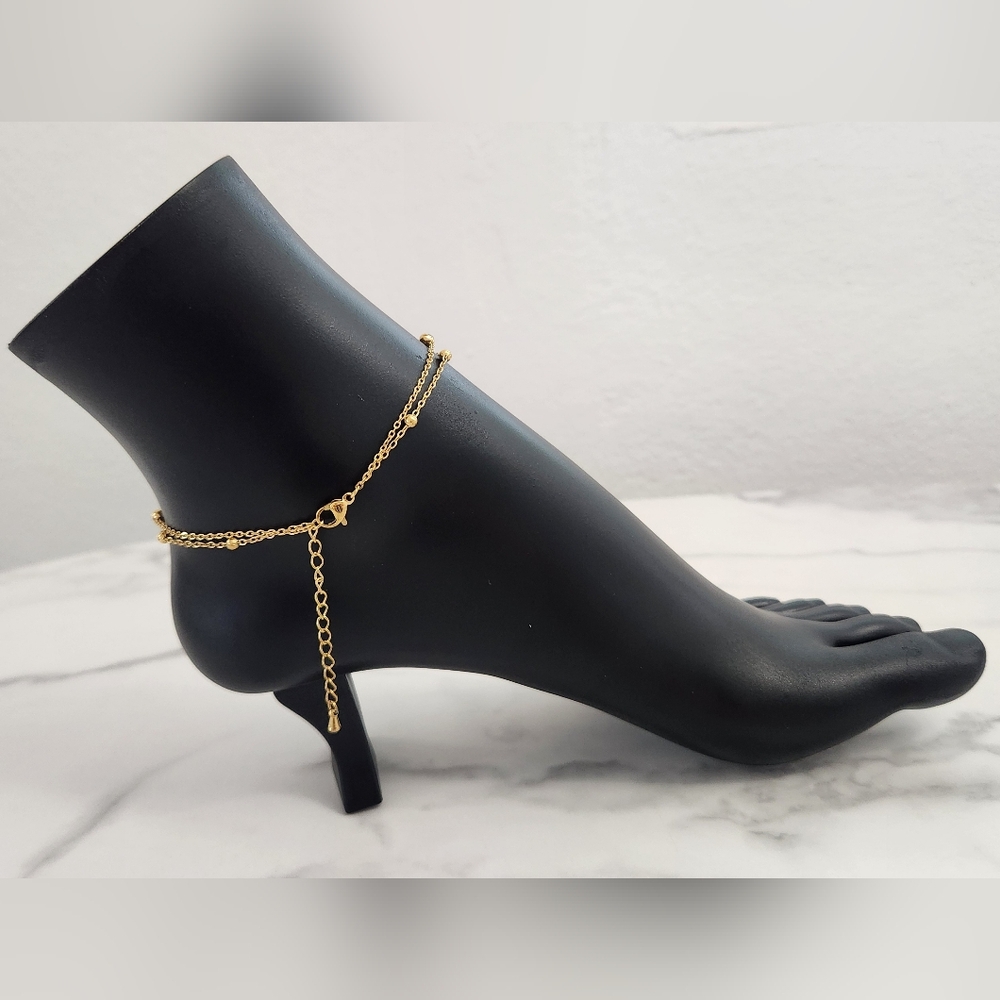 Gold Double Chain Anklet Dainty Crystals Butterfly Heart Charm Ankle Bracelet - Picture 6 of 14